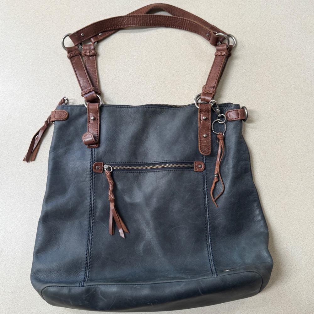 The Sac Happy & Free Blue Leather Shoulder Bag Tote Brown Straps Tassel Boho